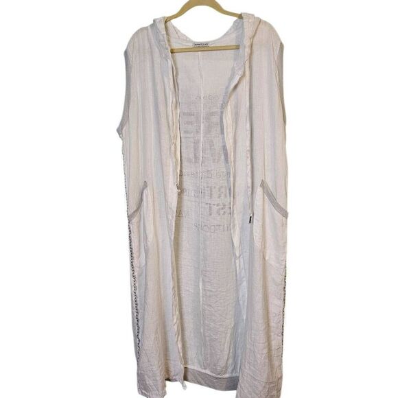 Linen sleeveless long cardigan,  white with silver trim. XL. - Picture 2 of 4
